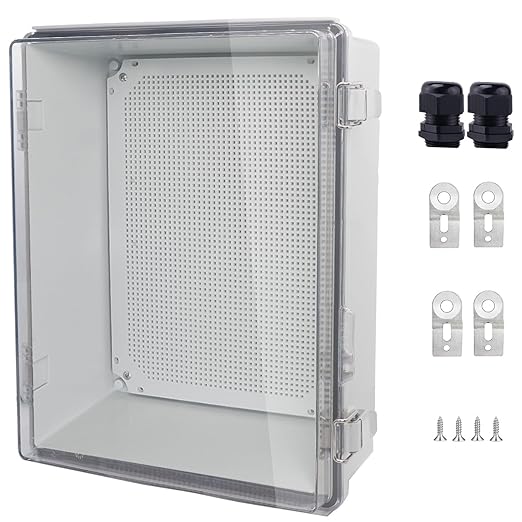 IP67 Waterproof Junction Box, ABS Plastic Electrical Enclosure with Stainless Steel Latch, Hinged Cover Electric Box with Mounting Plate, Wall Brackets & Cable Glands 400x300x180mm