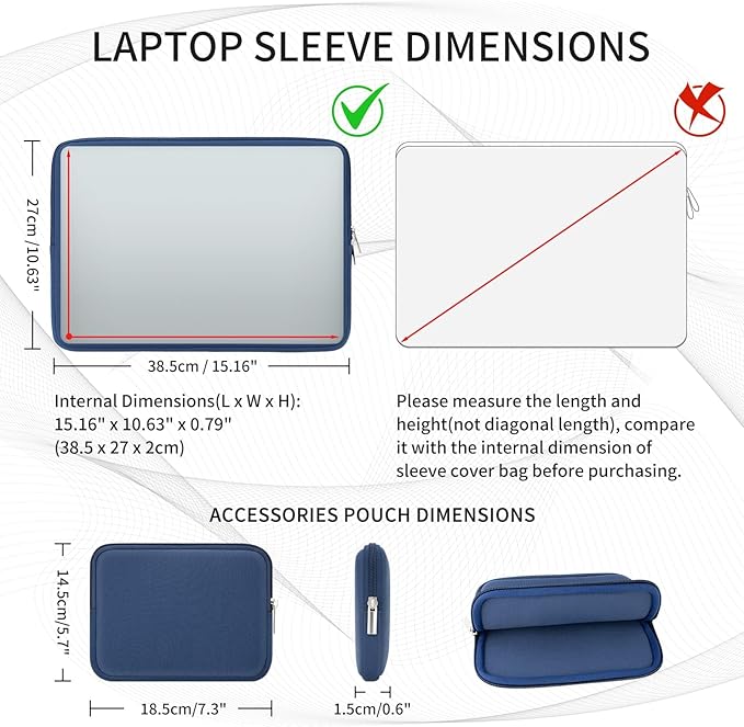 RAINYEAR 15.6 Inch Laptop Sleeve Protective Case Soft Carrying Zipper Bag Cover with Accessories Pouch, Compatible with 15.6" Notebook Computer Chromebook (Navy Blue)