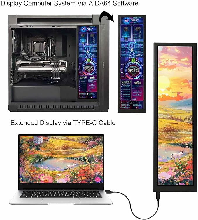 VSDISPLAY 8.8 Inch 1920x480 IPS LCD Monitor as Secondary Display/DIY Computer PC Case GPU CPU RAM Temperature Data Monitoring Sensor Panel,Black