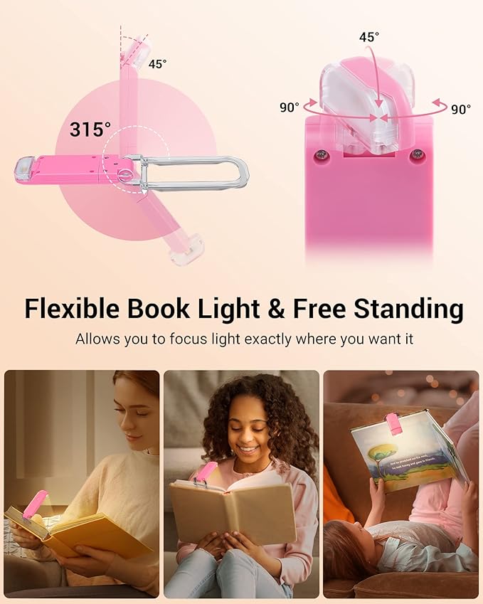 DEWENWILS USB Rechargeable Book Reading Light, Warm White, Brightness Adjustable, LED Clip on Book Lights for Reading in Bed, Car Reading Light for Kids, Bookworms (Pink)