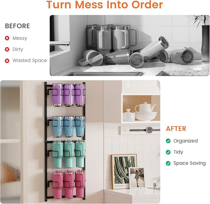 Housolution Water Bottle Organizer, 4 Tier Heavy Duty Metal Tumbler Storage Organizer for 10 to 40 oz Cups, Wall/Door Mounted Hanging Cup Holder Rack Compatible with Stanley and Other Brands