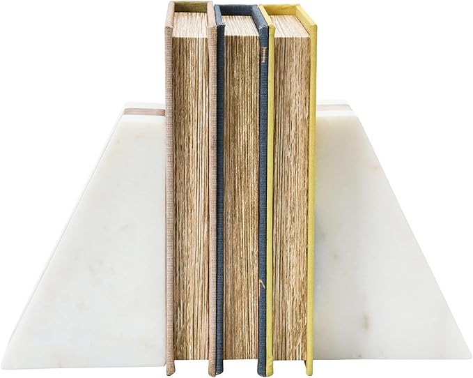Main + Mesa Marble Geometric Bookends with Wood Inlay, White