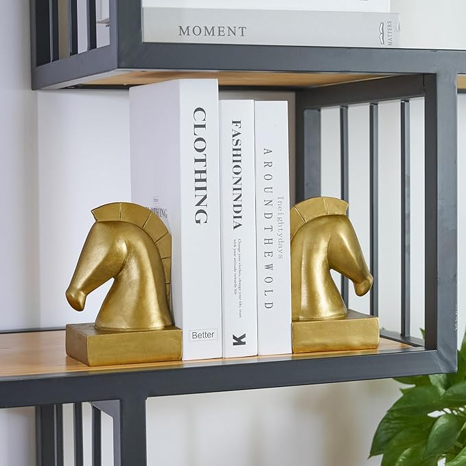 Gold Horse Head Decorative Bookends - Heavy Duty Non-Slip Book stoppers, Horse Statue Book Ends for Shelves, Modern Equestrian Ornaments for Home Farmhouse Shelves Office Lover Gift