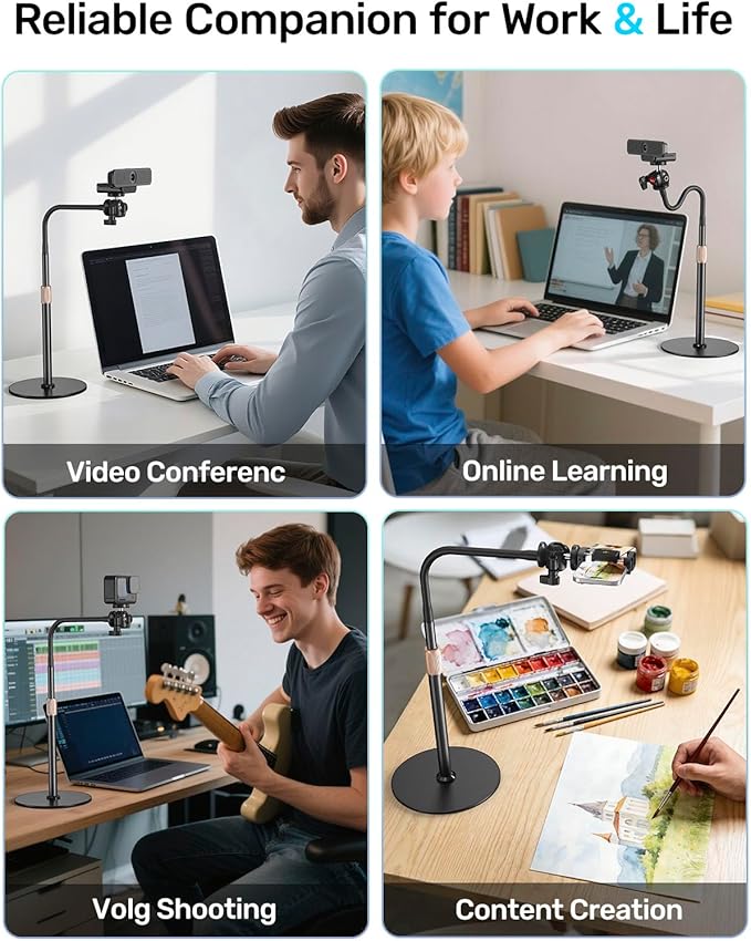 Webcam Tripod Stand with Phone Holder, Gooseneck Arm with 360° Ballhead for Desktop & Overhead Recording, Compatible with Logitech Cam C920 C922 C930e C960 C615 BRIO NexiGo N60 with 1/4'' Thread