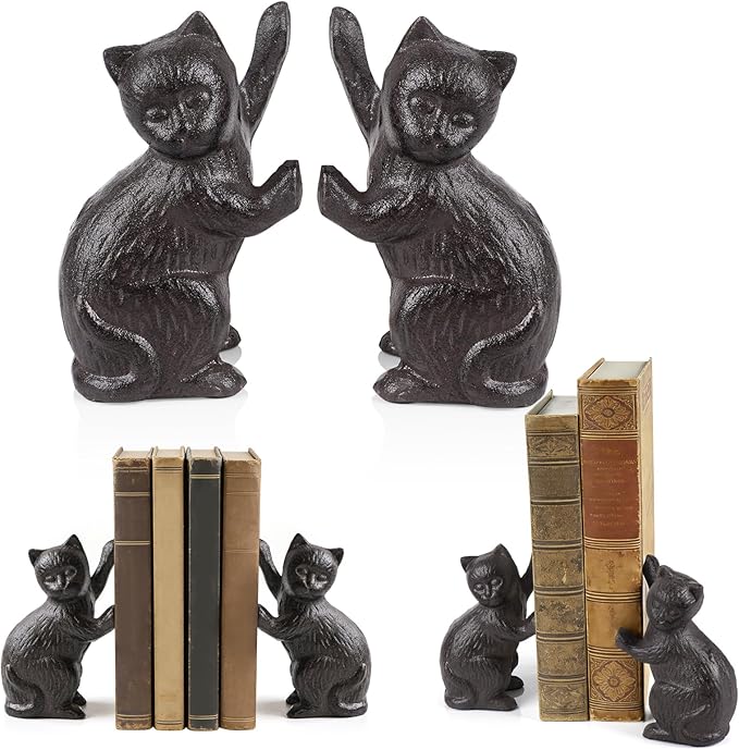 Decorative Cat Bookends, Cast Iron Kitty Book Ends, Heavy Duty Book Stopper, Vintage Antique Brown Black Home Decor, Cute Cat Statues for Shelf Decoration, 2 Pack (Black)