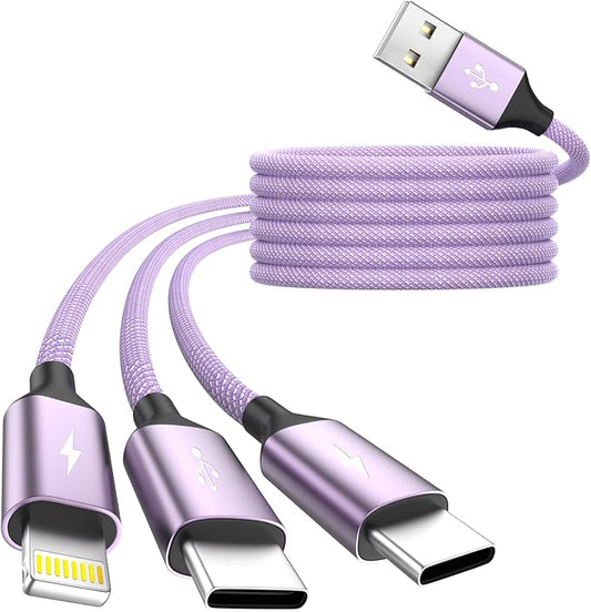 3 in 1 USB Cable with 2 USB-C/IP Port, Multi Charging Cables for Multiple Devices, USB C Splitter Cable, Multiple Charger Cord Travel Car Accessories for iPhone17-8, Androids iPad and More(1 Pack 4FT)