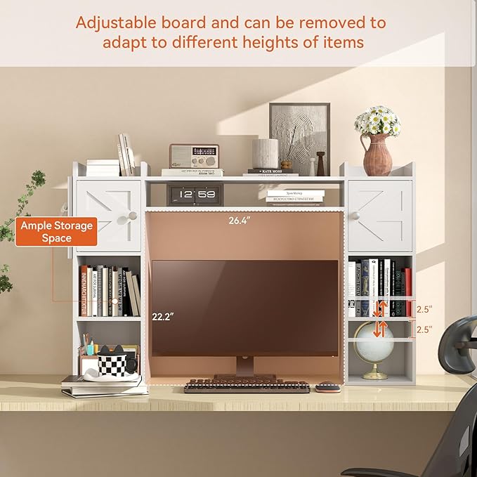 ELECWISH Desktop Bookshelf, Desk Hutch with Drawer for Computer Desk, 45.3" 8-Tier Adjustable Desktop Shelf Organizer with Pegboard for Home Office, Oak