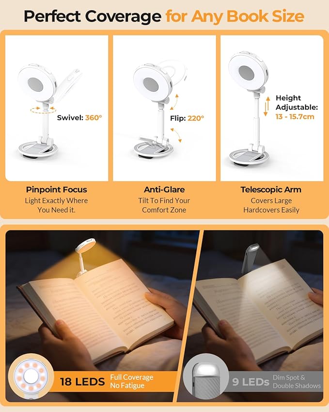 Book Light for Reading in Bed: Rechargeable 18 LED Clip on Reading Light with Timer & Memory Eye-Caring 3 Color Temperature Stepless Dimming Night Reading Lamp Gifts for Book Lovers Men Kids