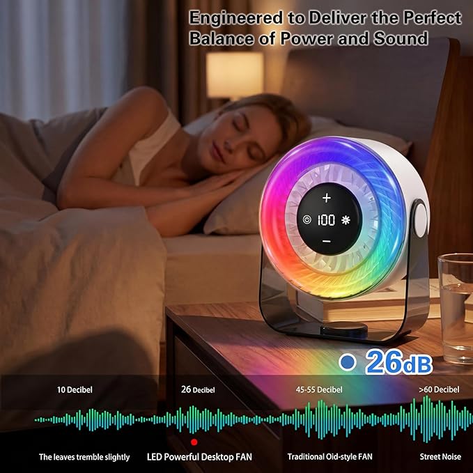 Desk Fans for Bedroom,Portable Colored LED Light 100 Speed Digital Display USB Rechargeable Table Fan,Quiet Wall-Mounted Desk Fan for Home Office Bedroom Camping Traveling(White)