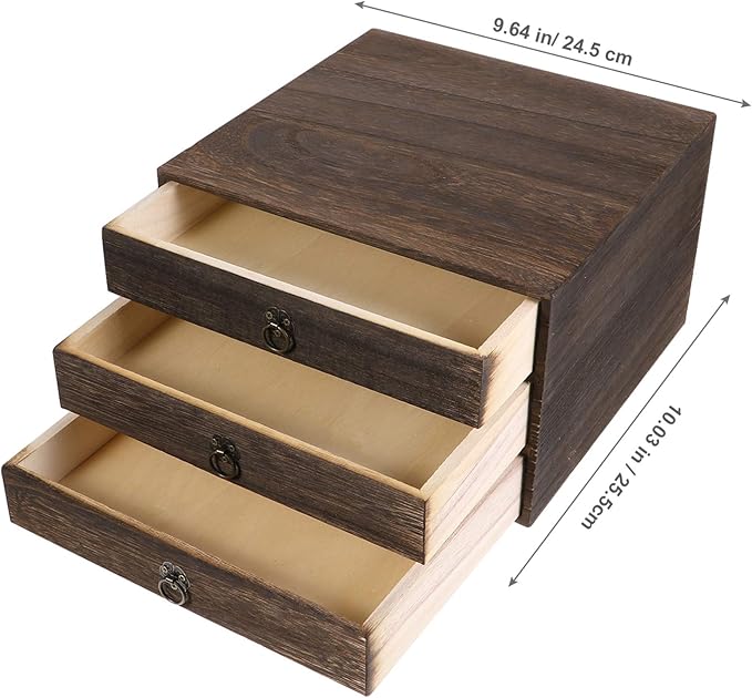 Cabilock Solid Wood Desktop Drawer Organizer with Pull Ring Vintage Retro Storage Box for Office Supplies and Home Desk Accessories 10.03X9.64X6.49 Inches