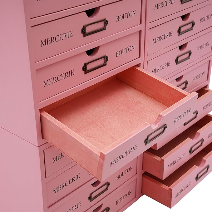 Vintage Drawer Wooden Drawers Organizer, 16-Drawer Desktop Storage Box Pine Wood Desktop Organizer with Label Holders, Desk Drawer Unit Collectors Box for Office, Home (Pink)