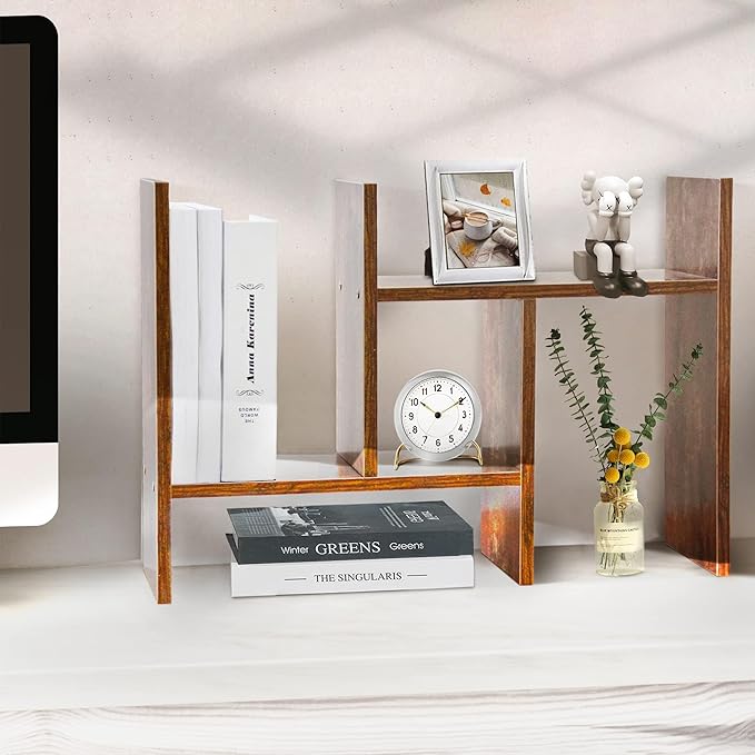 BROWN-BROWN Adjustable Wood Desk Shelf Organizer Office Home Multipurpose Desktop Shelf, Display Shelf Rack Top Mini Bookcase, Free Style Display Desktop Organization