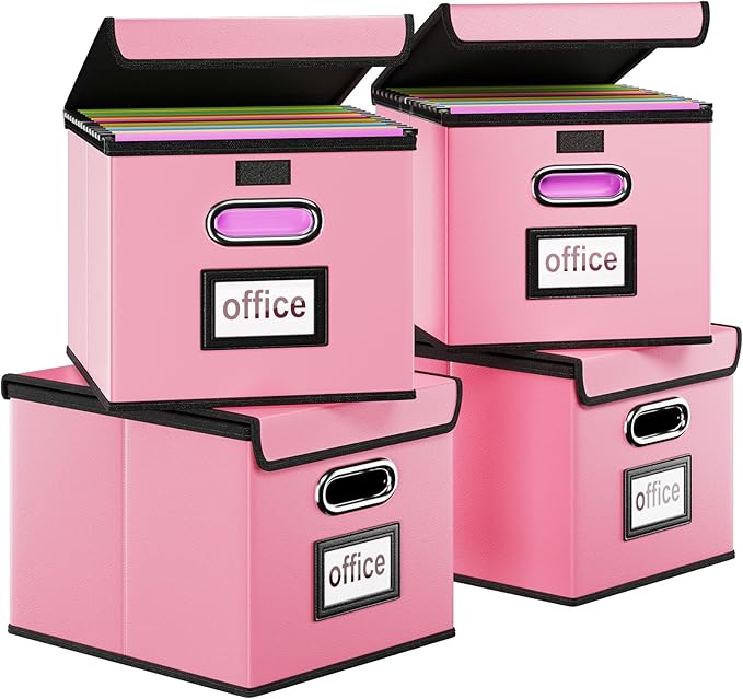Portable Leather File Organizer Boxes with Lids, Office Document Boxes Organizer, Filing Boxes, Decorative Small File Boxes for Hanging Files, File Cabinet for Office/Home - 4 Pack