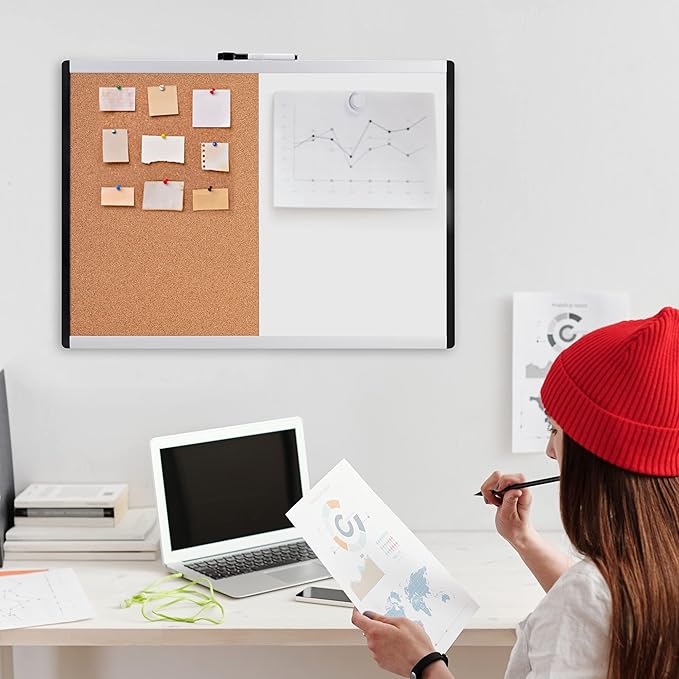 Amazon Basics Magnetic Dry Erase Whiteboard & Cork Board Combo, Double-Sided, Lightweight, Easy to Install, Plastic/Aluminum Frame, 17" x 23"