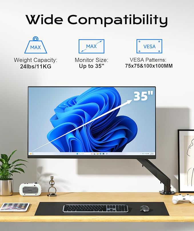 Pholiten Single Monitor Mount, Fully Adjustable Gas Spring Single Monitor Arm for up to 35 inch Screens, Computer Monitor Stand for Desk Holds up to 24lb, VESA 75/100mm, Black