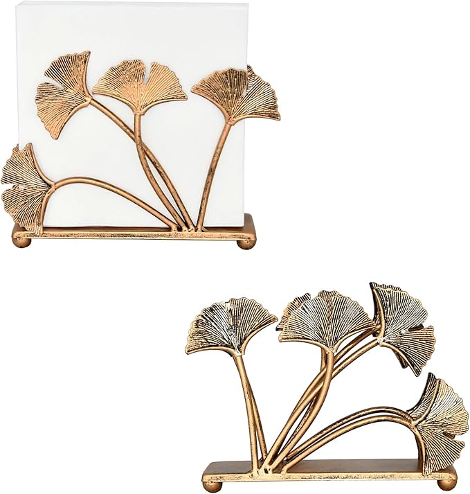 OwlGift Set of 2 Modern Ginkgo Leaves Design Napkin Holder for Tables, Metal Paper Napkin Storage for Kitchen, Stylish Paper Towel Dispenser, Mail Letter Sorter Rack, Document File Organizer – Bronze