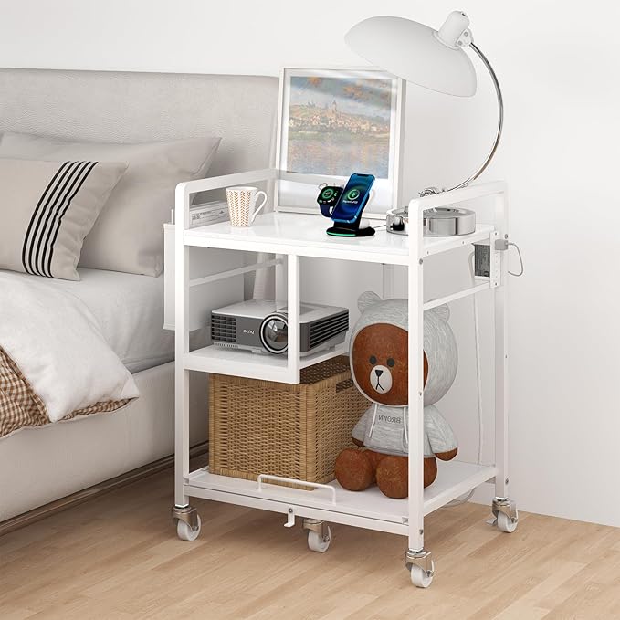Sedegn Home Printer Stand with Charging Station, 24x18 Inches Stands for Large Printer, Printer Shredder Stand with Storage for Home Office, Table for Fax Machine/PC Tower (White)