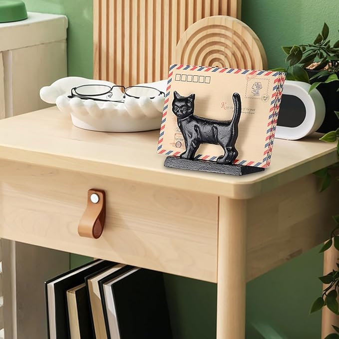 BTSKY Cast Iron Mail Organizer Countertop, Heavy Duty Desk Mail Holder for Letters & Documents, Vertical Envelope Sorter for Home Office, Bill Rack - Black, Cat Shape