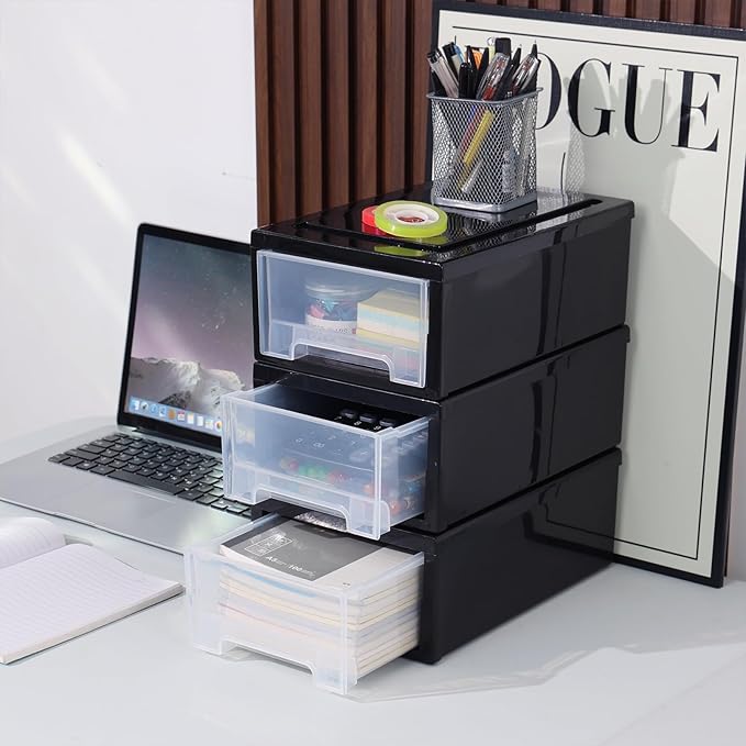 Compact Stacking Storage Drawer Unit, 6 Quart Plastic Desktop Drawers, 3 Pack, Black