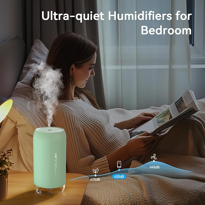 Portable Mini Humidifier, 350ml Small Cool Mist Humidifier for Plants, USB Personal Desktop Humidifier for Bedroom Car Office Travel with Auto Shut-Off & 2 Mist Modes (Green)