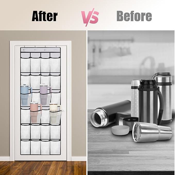 Cup Organizer for Stanley Cup, 24 Pockets Large Capacity Cups Holder for Stanley Tumbler, Portable Foldable Hanging Bag for Cabinet Wall Door RV, Kitchen Storage Accessories for Stanley Cup White