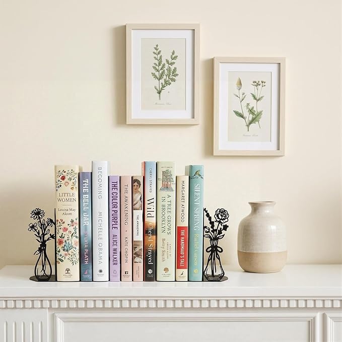 Flower Metal Bookends Decorative Book Ends for Shelves, Cute Book Ends for Home Office Decor Decorative Flower Vase Book Ends for Heavy Books, Book Stopper Ideal Gift for Mother's Day