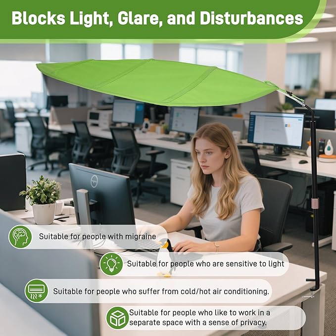 P Polerden Green Leaf Office Cubicle Light Shield and Desk Shade (Cubicle Shade) – Adjustable, UV-Resistant – Blocks Overhead Light, Glare and AC Airflow, Ideal for Light Sensitive Workers