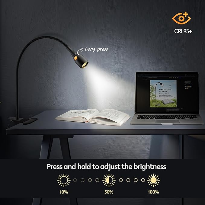 acegoo Minimalist Reading Light for Bed Headboard Dimmable Book Light Clip on Lamp with USB-C Adapter, Flexible Neck & Handy Lamp Head Switch, CRI 90+