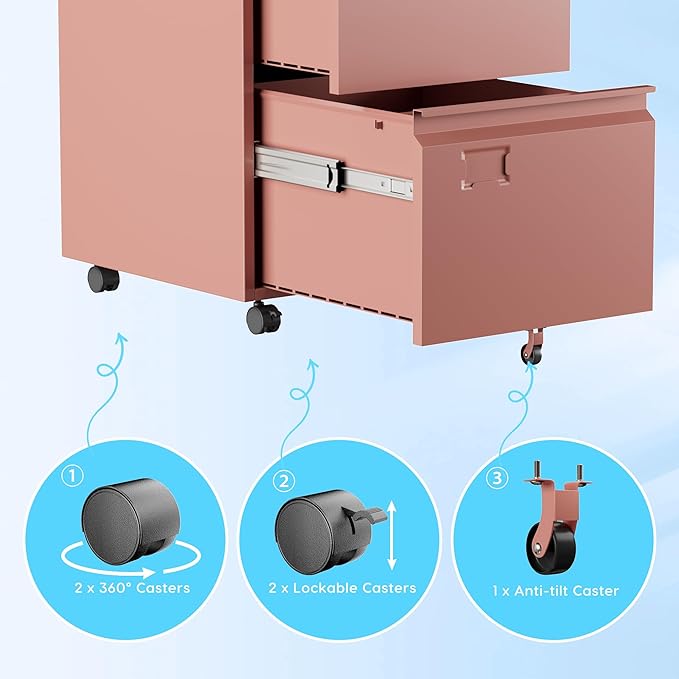 Aobabo Rolling File Cabinet with Lock,2 Drawer Metal Filing Cabinet for Home Office & Under Desk, Heavy-Duty Mobile Storage with 5 Wheels (Anti-Tilt), Fits Letter/Legal,Pink,Required Assembly