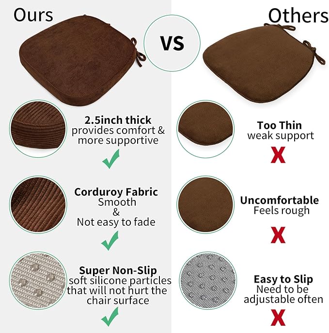 2.5" Thick Chair Cushions for Dining Chair, Corduroy High Density Foam Kitchen Chair Pads, U Shaped Indoor Seat Cushions with Ties & Non-Slip Backing, Washable Cover, 17''x16.5'', Brown