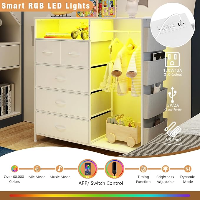Espelism Dresser for Bedroom with Clothes Rack Side Pockets White 5 Drawers with Charging Station LED Lights Sturdy Steel Frame Wood Top Organizer Unit for Nursery Hallway Closet