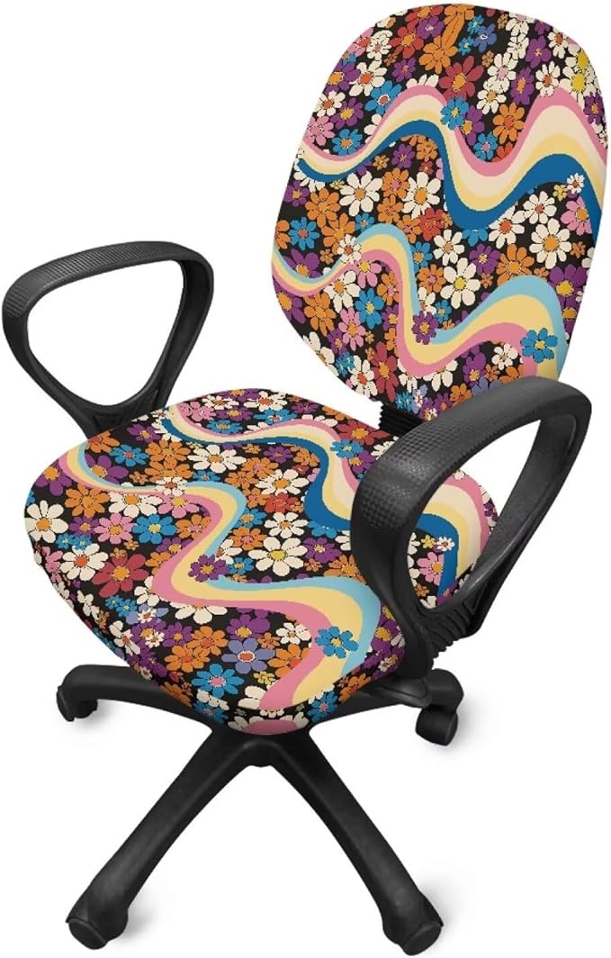 Hippie Flowers Office Chair Covers Washable Computer Office Chair Seat Cover 70S Floral 2 Piece Office Chair Slipcovers Protector Desk Accessories Dorm Computer Rotating Chair Slipcover