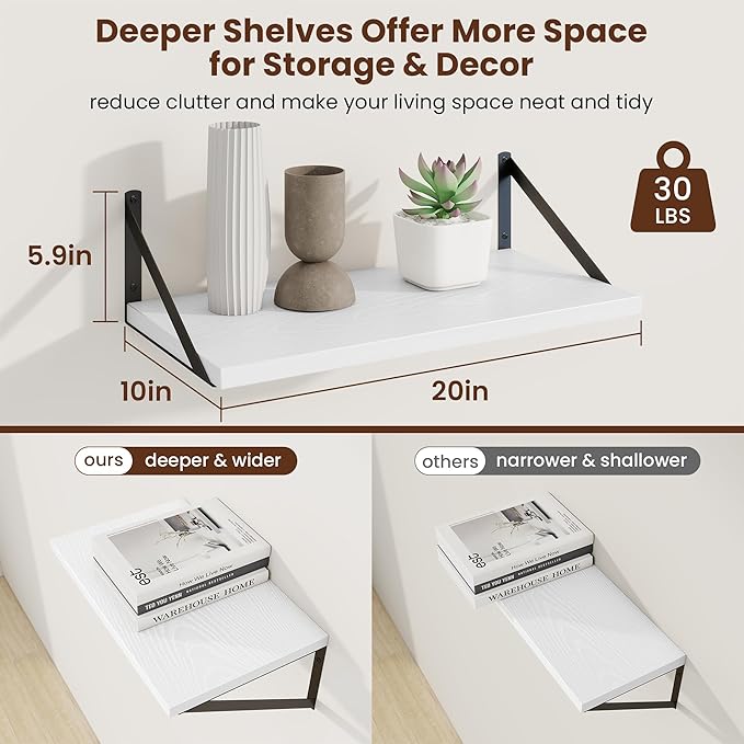 Axeman Deep Floating Shelves | 20 Inch White Wall Shelves Set of 2 | 10 Inch Deep Rustic Wood Shelves for Wall | 20'' W x 10''D White Shelves for Living Room Bathroom Kitchen