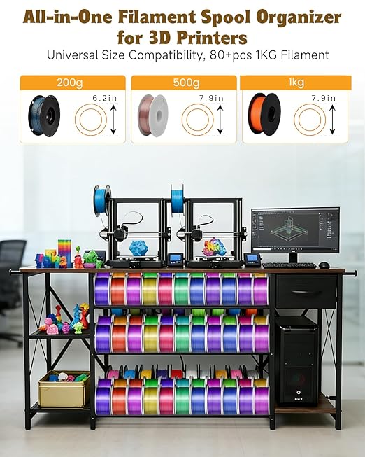3D Printer Stand with Charging Station, Large 3D Printer Table with Filament Storage, Heavy Duty 3-Tier Filament Storage Rack with Drawer, 3D Printer Desk for Workshop, Office and Garage (Brown)