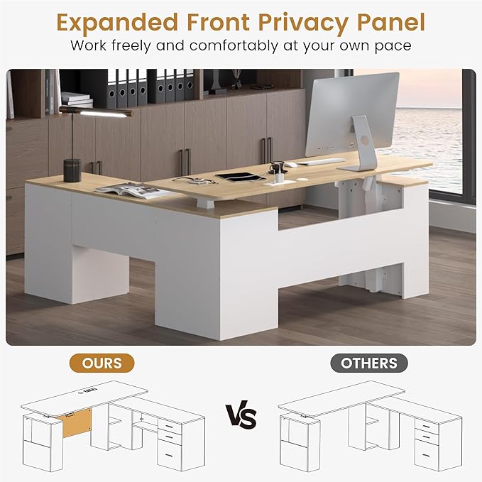 JOMEED 63" L Shaped Electric Standing Desk with Storage, Executive Adjustable Height with Power Outlets and Privacy Panel,Oak and White