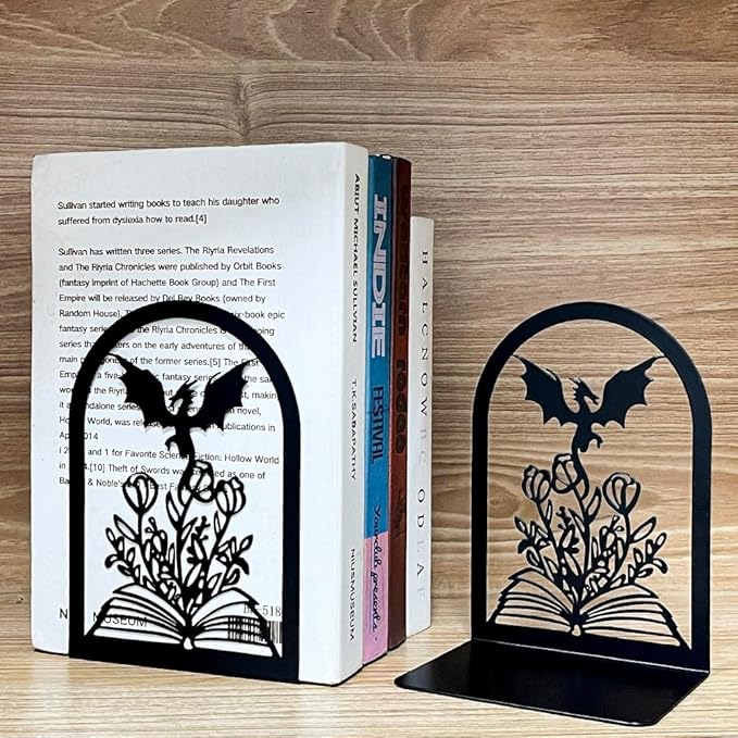 Book Ends, Bookends, Book Ends for Shelves, 1 Pair Non Skid Metal Book Divider Decorative Holder, Abstract Art Desgin Book Stopper Supports for Office, Home (Dragon A)