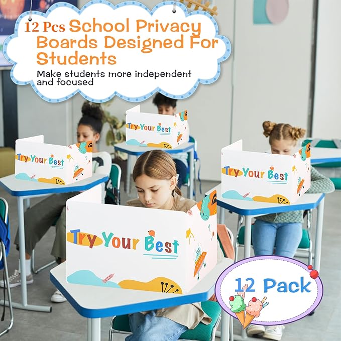 Privacy Boards for Student, 12 Pcs Desk Dividers for Students, Cardboard Privacy Folders, Privacy Shield Folder Boards, Classroom Divider Shield for School Teachers Home (Try Your Best)