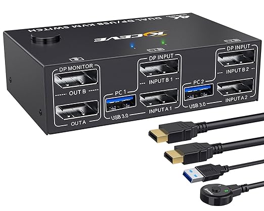 KCEVE KVM Switch 2 Monitors 2 Computers Displayport, USB 3.0 KVM Switch Dual Monitor for 2 Computer Share 4 USB 3.0 Devices, 4K@144Hz, Wired Remote(4K DP 2 in 2 Out KVM)