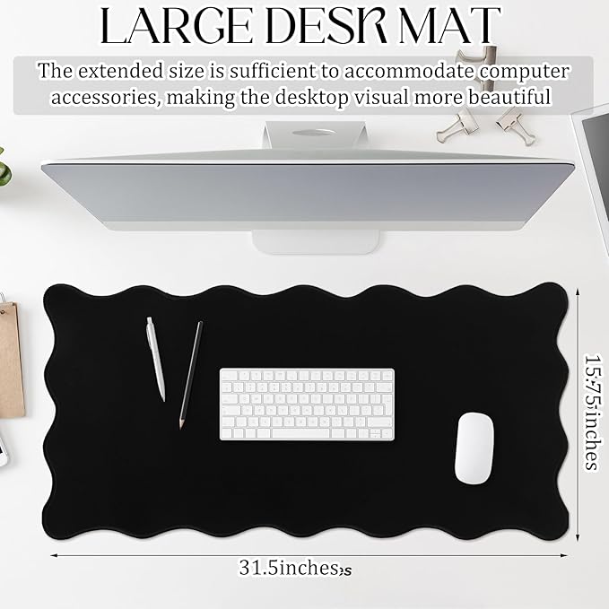 Hahafelt Scalloped Desk Mat Large Scalloped Piping Cute Desk Mat Aesthetic Preppy Table Pad Large Nonslip Pad with Edge Stitching Waterproof Gaming(Black,31.5 x 15.8 Inches)