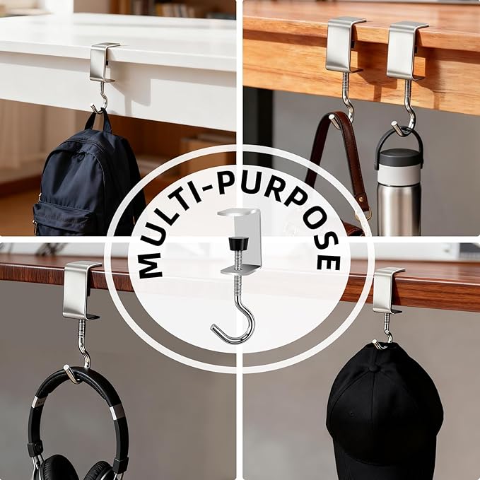 4 PCS Desk Hook Table Clamp Hooks Hanging Bag Backpack, Heavy Duty Metal Shelf Hooks, Adjustable Desktop Mounting Hook (4 pcs)
