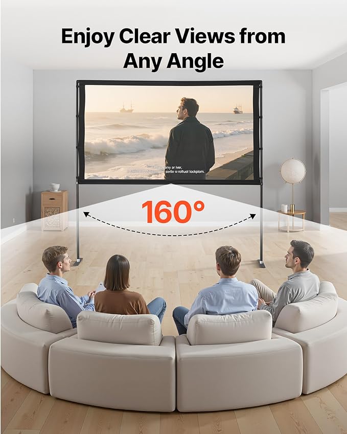 VEVOR Projector Screen with Stand, 80 Inch 160° Wide Angle Indoor Outdoor Projection Screen, 16:9 4K HD Wrinkleless Portable Dual-Stand Screens with Carry Bag, for Movie Home Theater Presentation