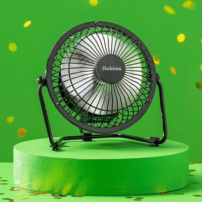 HOLMES 4" Mini High-Velocity Personal Desk Fan, 4 Blades, Adjustable 360° Head Tilt, Durable Metal Construction, Single Speed, Ideal for Home, Dorm Rooms, Bedrooms, or Offices, Black