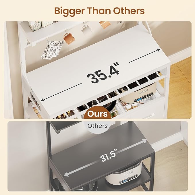 Itaar Bakers Rack with Storage and Power Outlet, 35.4 inch Coffee Bar Cabinet, Microwave Stand Kitchen Cabinet with Hutch, LED Lights, Wine Rack and Hooks (White)