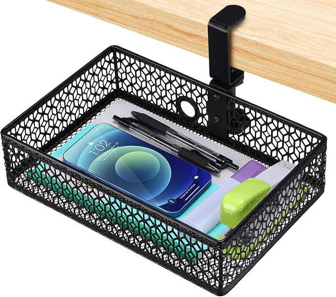 ROSYLINE OSYLINE Heavy Duty Clamp On Under Desk Drawer Organizer Storage Tray Basket with Non-Slip Pad Hanging Mount for Home Office Studio Bedroom or Dorm (Black)