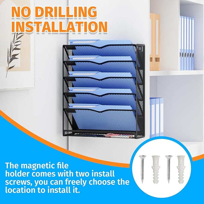 6-Tier Magnetic File Holder, No Drilling Magnetic File Organizer Folder Holder, Black Hanging Magnetic Paper Holder for Refrigerator, Whiteboard, File Cabinets, Office, Kitchen (Black, 6-Tier)