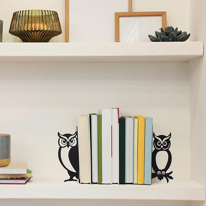 Geelin Owl Bookends for Shelves Decorative Metal Book Ends Set of 2 Styles Vintage Style Black Owl Design Heavy Duty Non-Slip Book Holders for Home Library Office Decor Gift for Reading Lovers