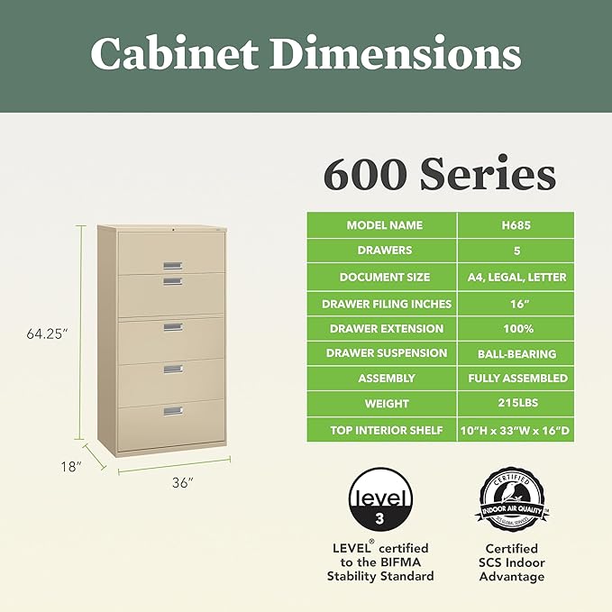 HON 5 Drawer Lateral File Cabinet with Lock, Metal Filing Cabinets for Offices, Adjustable Hangrails for A4, Legal, Letter Files, 18" Deep, Putty
