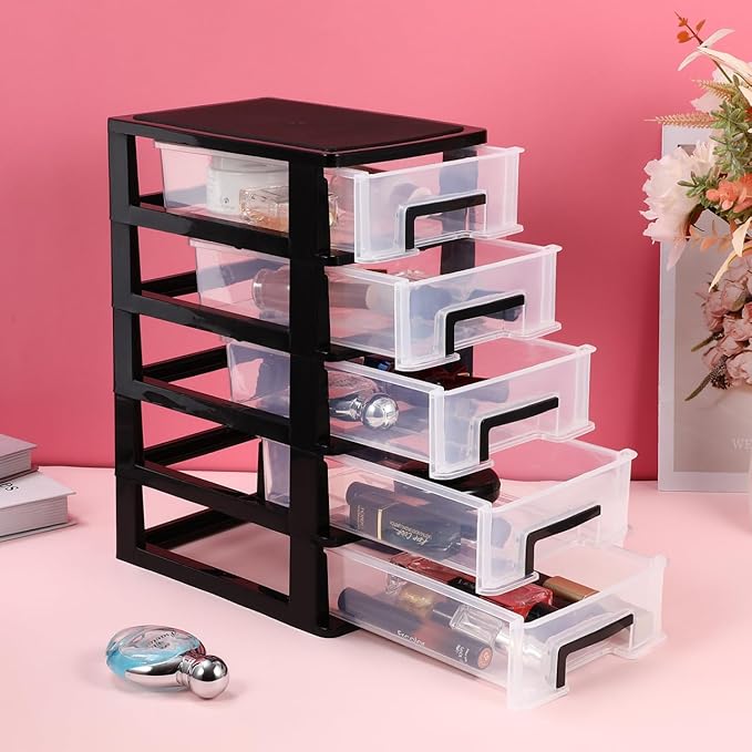 Angoily 5-Tier Plastic Drawer Storage Cabinet Portable Desktop Organizer for Office Study Cosmetics Sundries Holder 12.40X8.66X5.98In