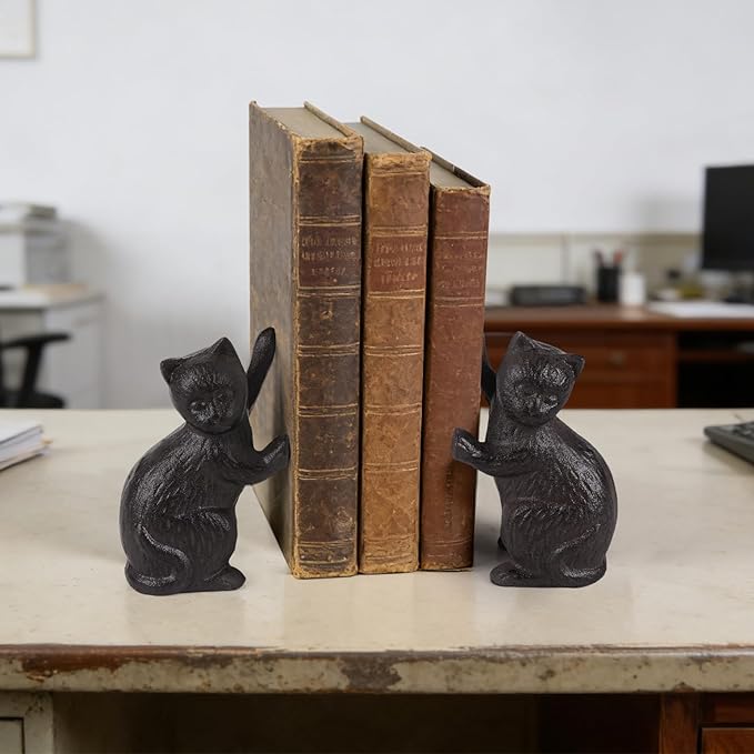 Decorative Cat Bookends, Cast Iron Kitty Book Ends, Heavy Duty Book Stopper, Vintage Antique Brown Black Home Decor, Cute Cat Statues for Shelf Decoration, 2 Pack (Black)