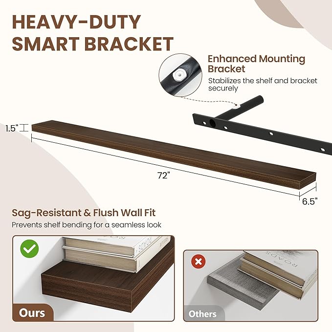 Acovy 72 Inch Floating Shelves for Wall 1 Pack, 72" Wall Shelves for Books, Storage, Decor, Wall Mounted Floating Shelf with Invisible Brackets for Kitchen, Living Room, Walnut